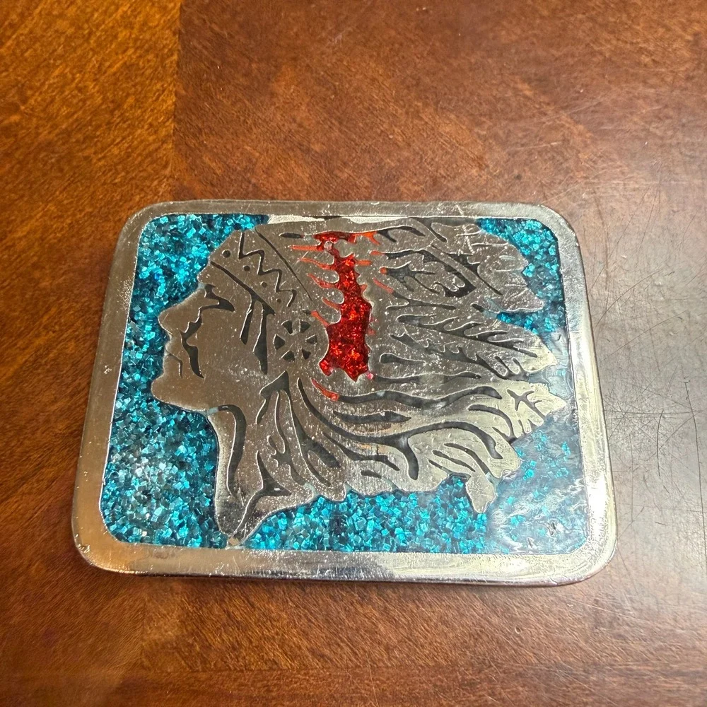 Vintage N.I. Native American Chief Belt‎ Buckle Blue Crushed Glass Silver Tone
